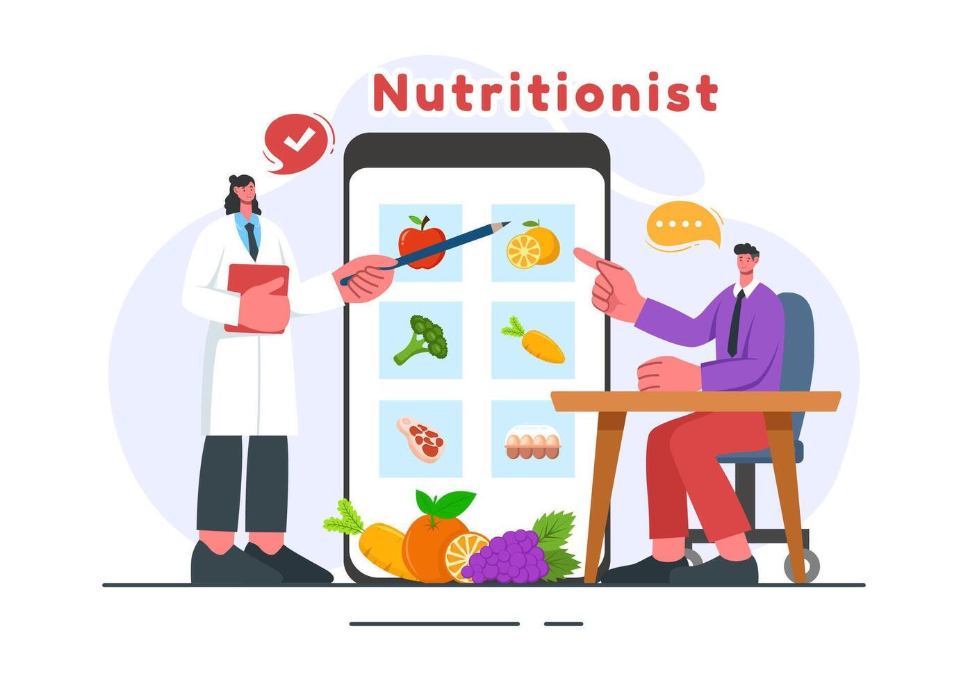 Vector Illustration of a Nutritionist Conducting a Nutritional Examination of Food, including Dietary Supplements, such as Fresh Fruits and Vegetables