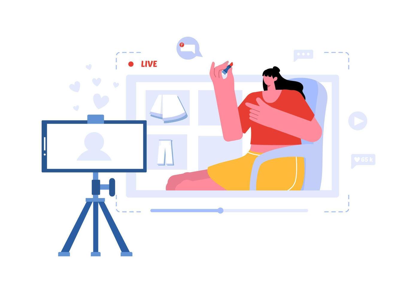 Vector Illustration for a Fashion Blog with Bloggers Reviewing Videos of Fashionable Clothing Trends, Featuring an Online Runway in a Flat Background