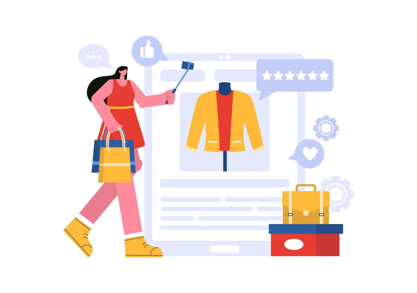 Vector Illustration for a Fashion Blog with Bloggers Reviewing Videos of Fashionable Clothing Trends, Featuring an Online Runway in a Flat Background