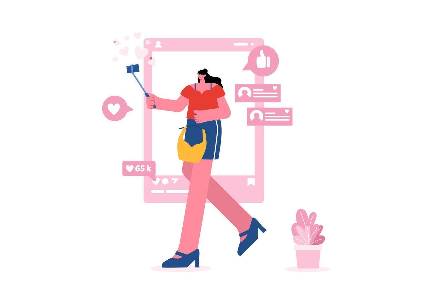 Vector Illustration for a Fashion Blog with Bloggers Reviewing Videos of Fashionable Clothing Trends, Featuring an Online Runway in a Flat Background