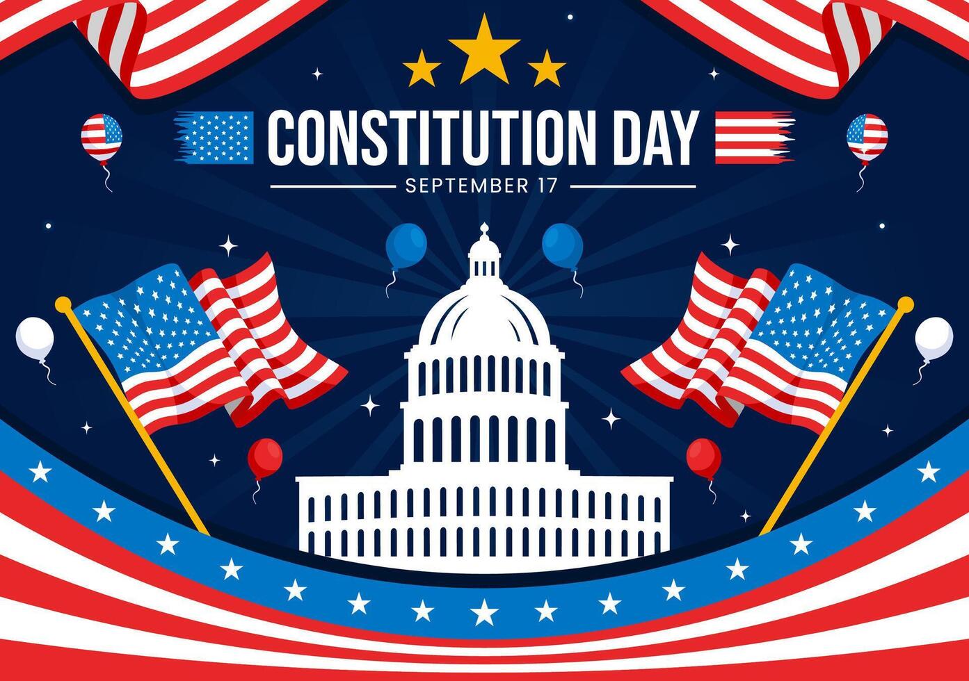 Happy Constitution Day United States Vector Illustration Vector Illustration on September 17th with an American Waving Flag and the Capitol Building