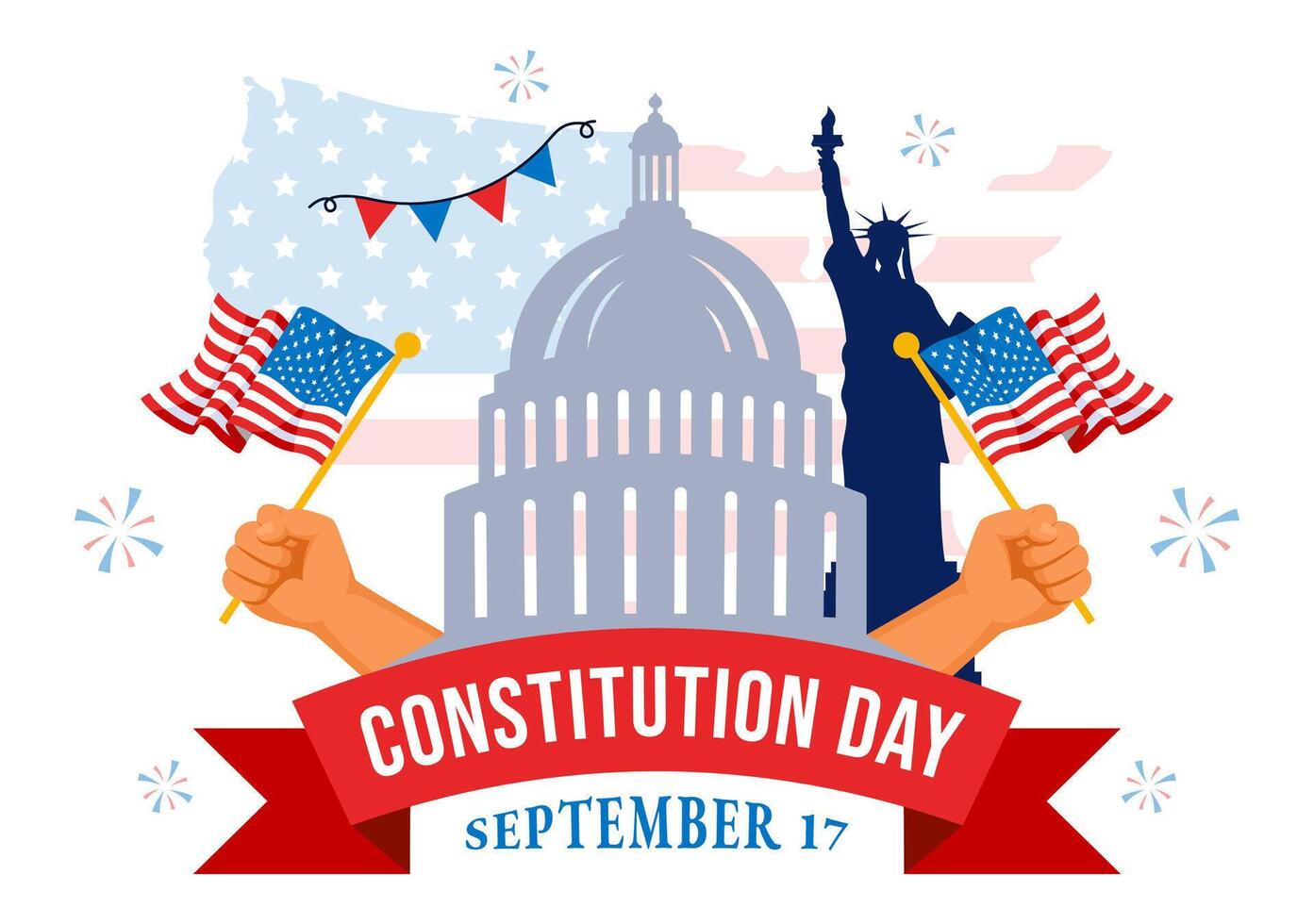 Happy Constitution Day United States Vector Illustration Vector Illustration on September 17th with an American Waving Flag and the Capitol Building