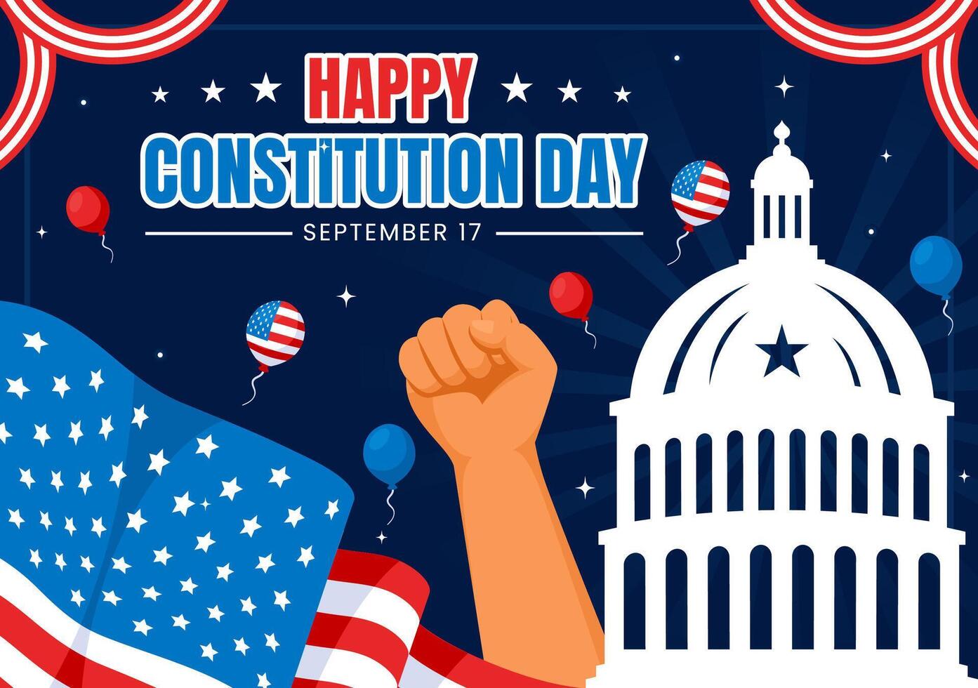 Happy Constitution Day United States Vector Illustration Vector Illustration on September 17th with an American Waving Flag and the Capitol Building