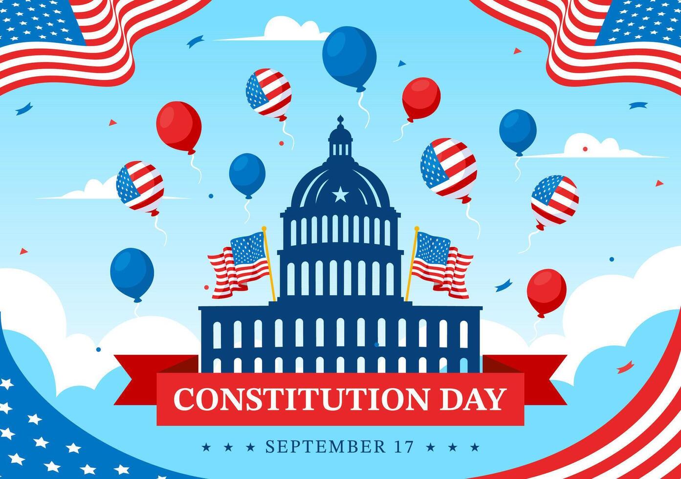 Happy Constitution Day United States Vector Illustration Vector Illustration on September 17th with an American Waving Flag and the Capitol Building