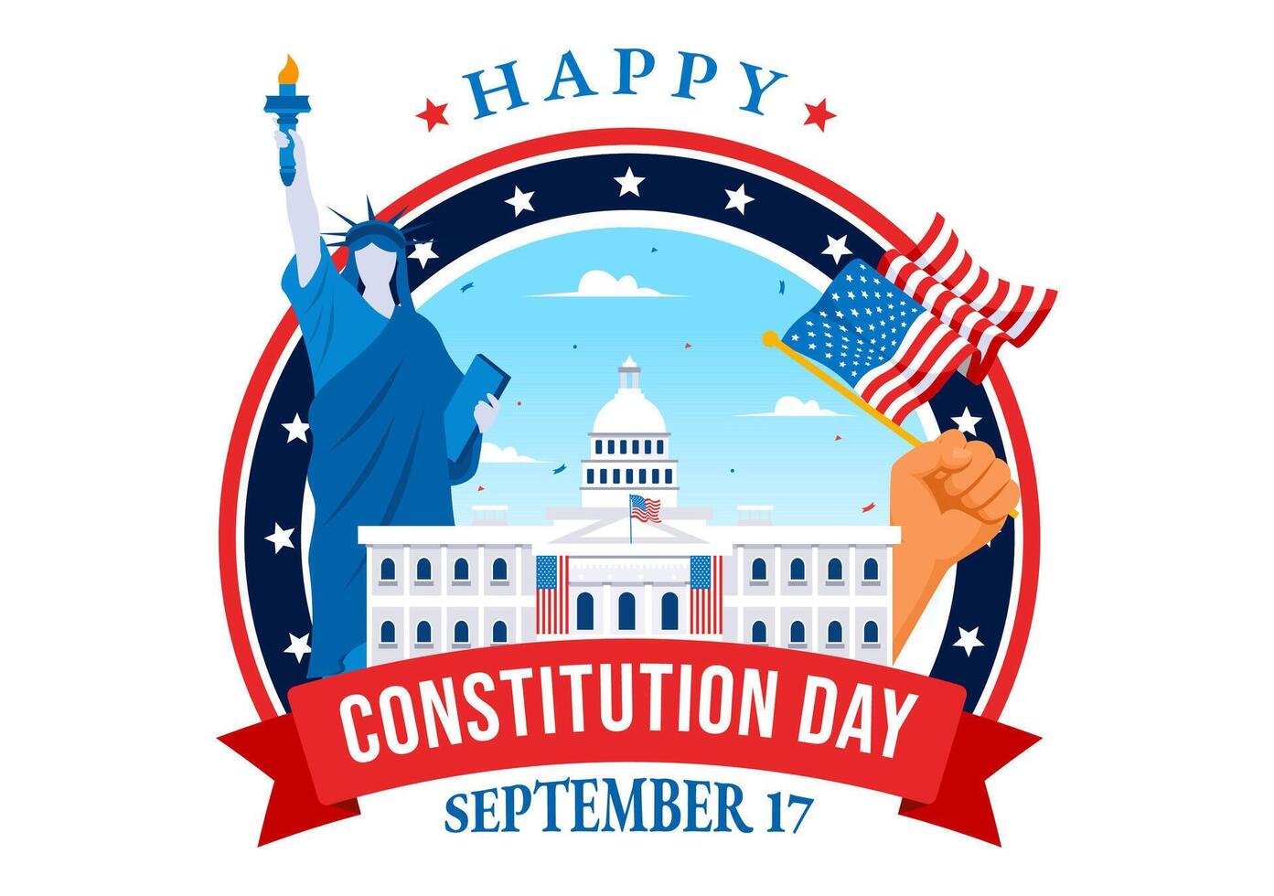 Happy Constitution Day United States Vector Illustration Vector Illustration on September 17th with an American Waving Flag and the Capitol Building