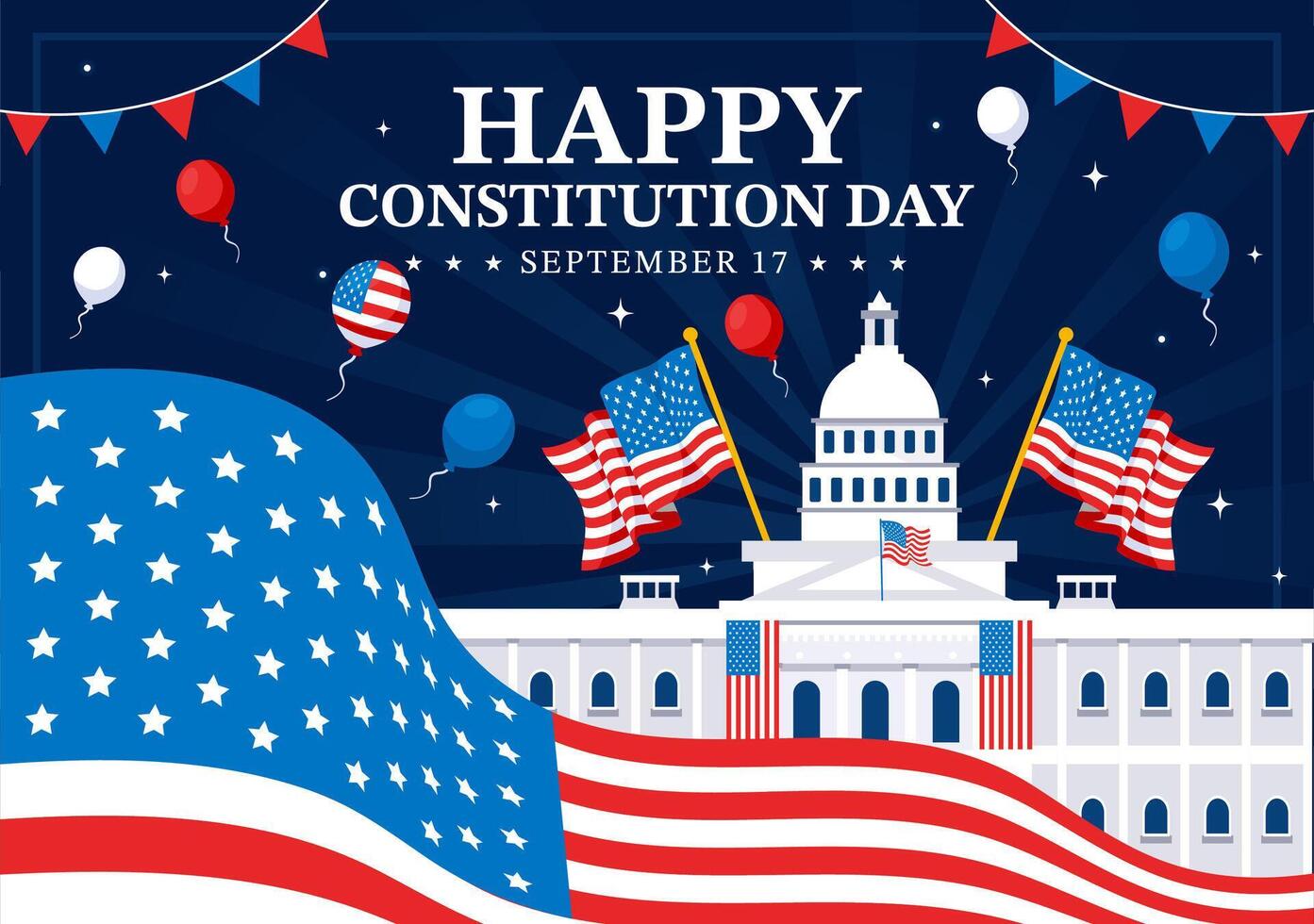 Happy Constitution Day United States Vector Illustration Vector Illustration on September 17th with an American Waving Flag and the Capitol Building