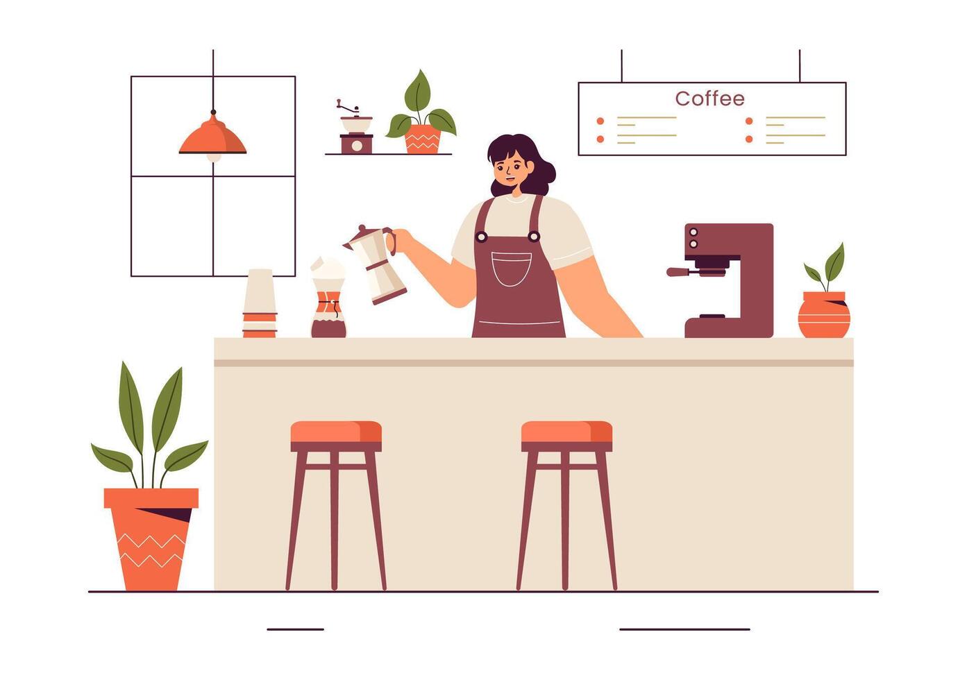 Barista Vector Illustration Wearing an Apron, Standing and Whipping Milk into a Coffee Mug for a Customer in a Flat Style Cartoon Background