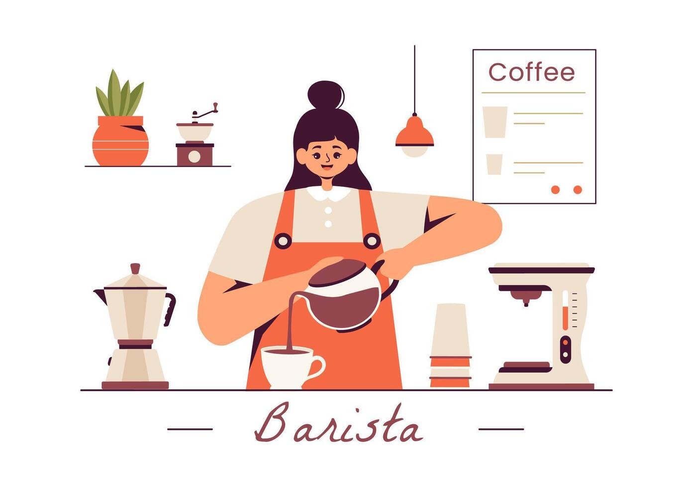 Barista Vector Illustration Wearing an Apron, Standing and Whipping Milk into a Coffee Mug for a Customer in a Flat Style Cartoon Background