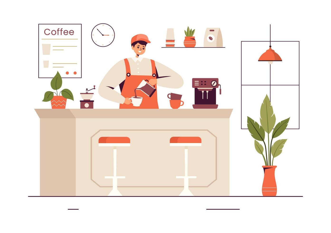 Barista Vector Illustration Wearing an Apron, Standing and Whipping Milk into a Coffee Mug for a Customer in a Flat Style Cartoon Background