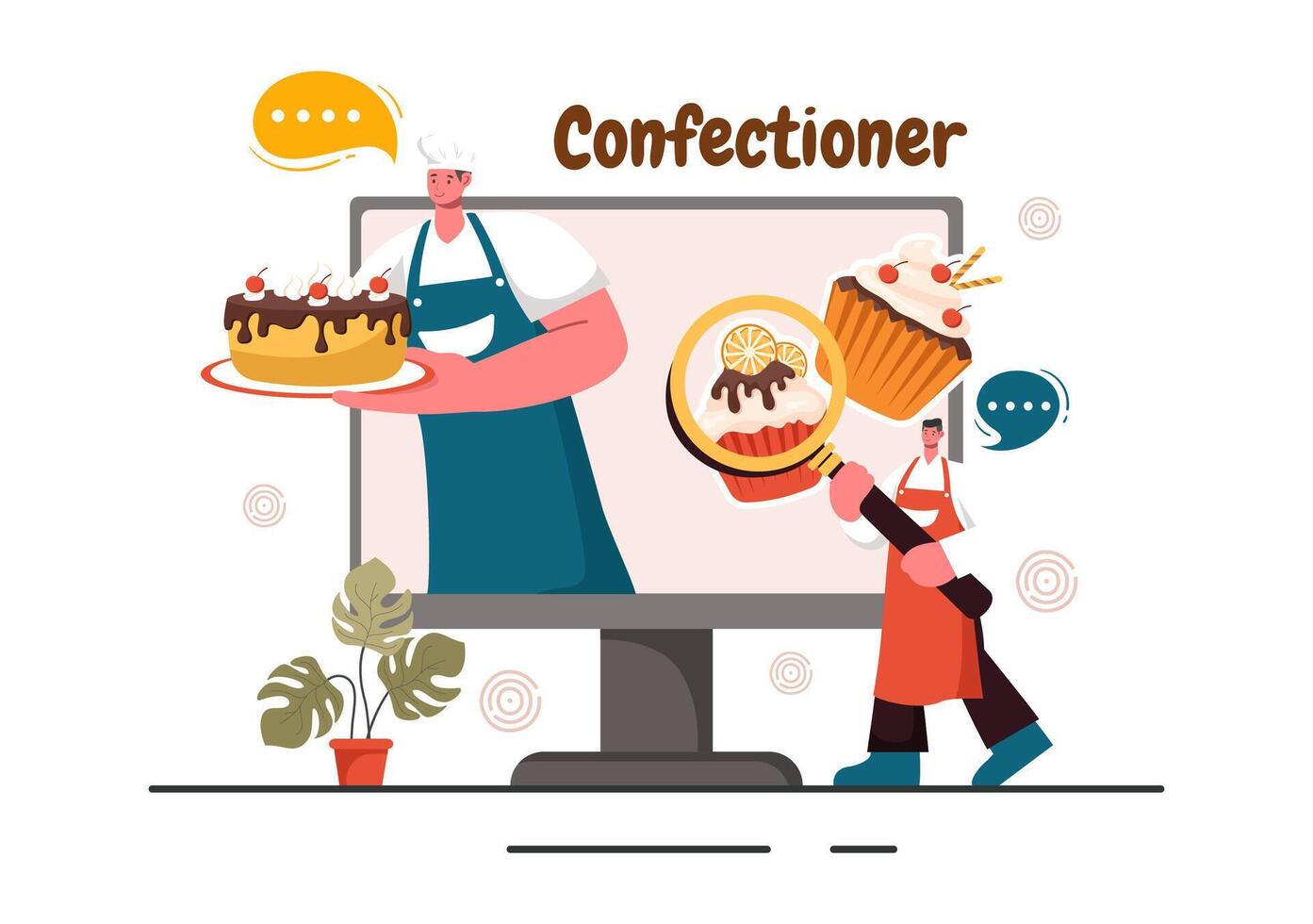 Confectioner Vector Illustration featuring a Chef Wearing an Apron Preparing Desserts, Sweet Products, and Pastries in a Flat Style Cartoon Background