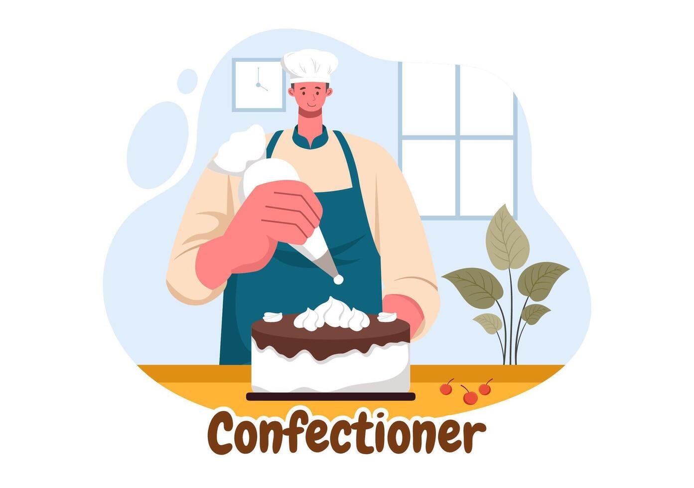 Confectioner Vector Illustration featuring a Chef Wearing an Apron Preparing Desserts, Sweet Products, and Pastries in a Flat Style Cartoon Background
