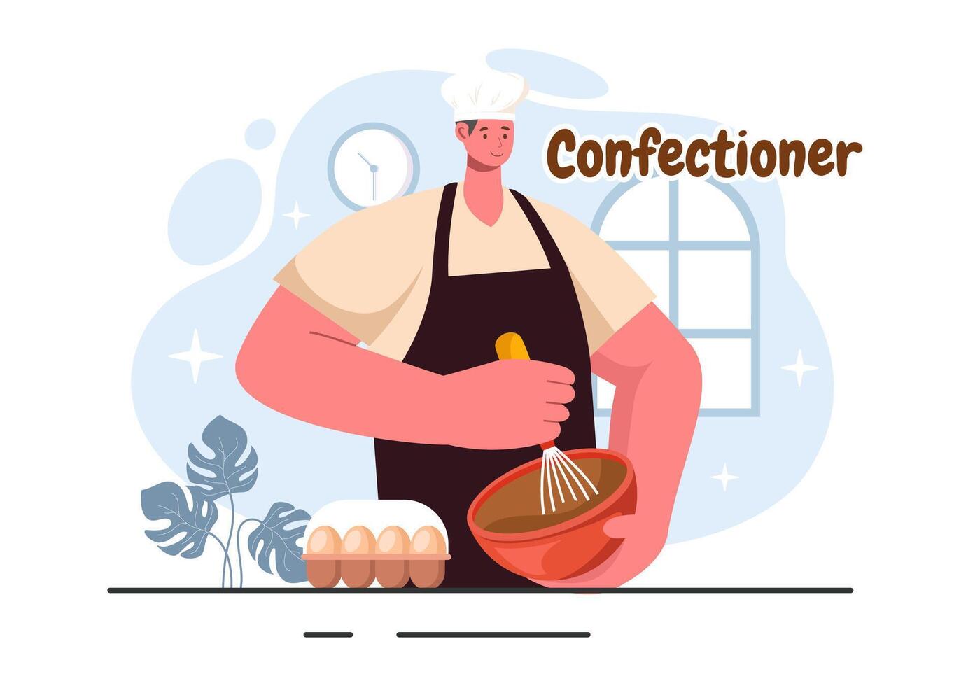 Confectioner Vector Illustration featuring a Chef Wearing an Apron Preparing Desserts, Sweet Products, and Pastries in a Flat Style Cartoon Background
