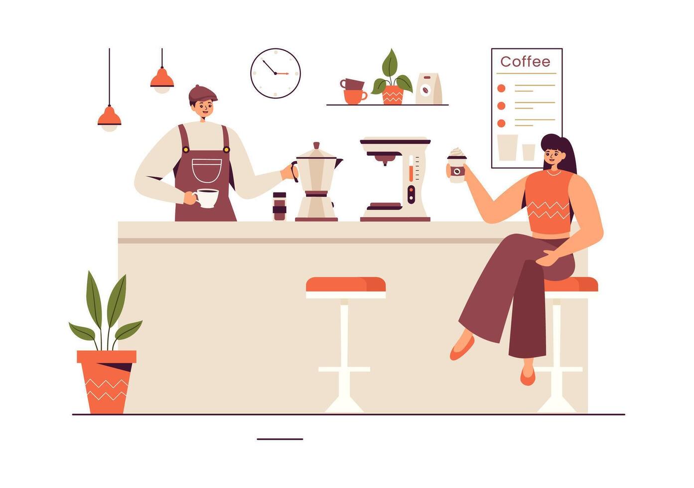Barista Vector Illustration Wearing an Apron, Standing and Whipping Milk into a Coffee Mug for a Customer in a Flat Style Cartoon Background