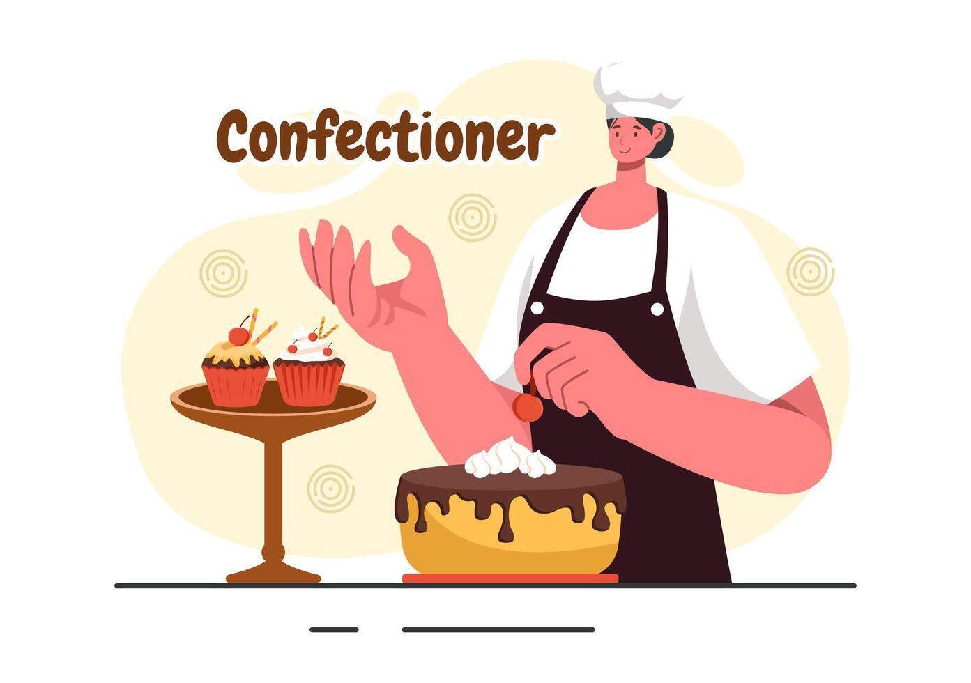 Confectioner Vector Illustration featuring a Chef Wearing an Apron Preparing Desserts, Sweet Products, and Pastries in a Flat Style Cartoon Background