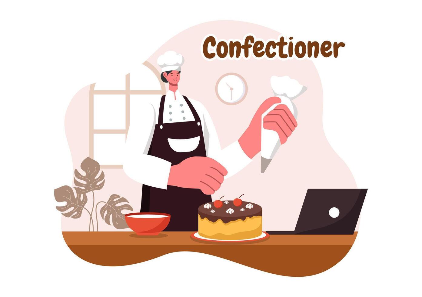 Confectioner Vector Illustration featuring a Chef Wearing an Apron Preparing Desserts, Sweet Products, and Pastries in a Flat Style Cartoon Background