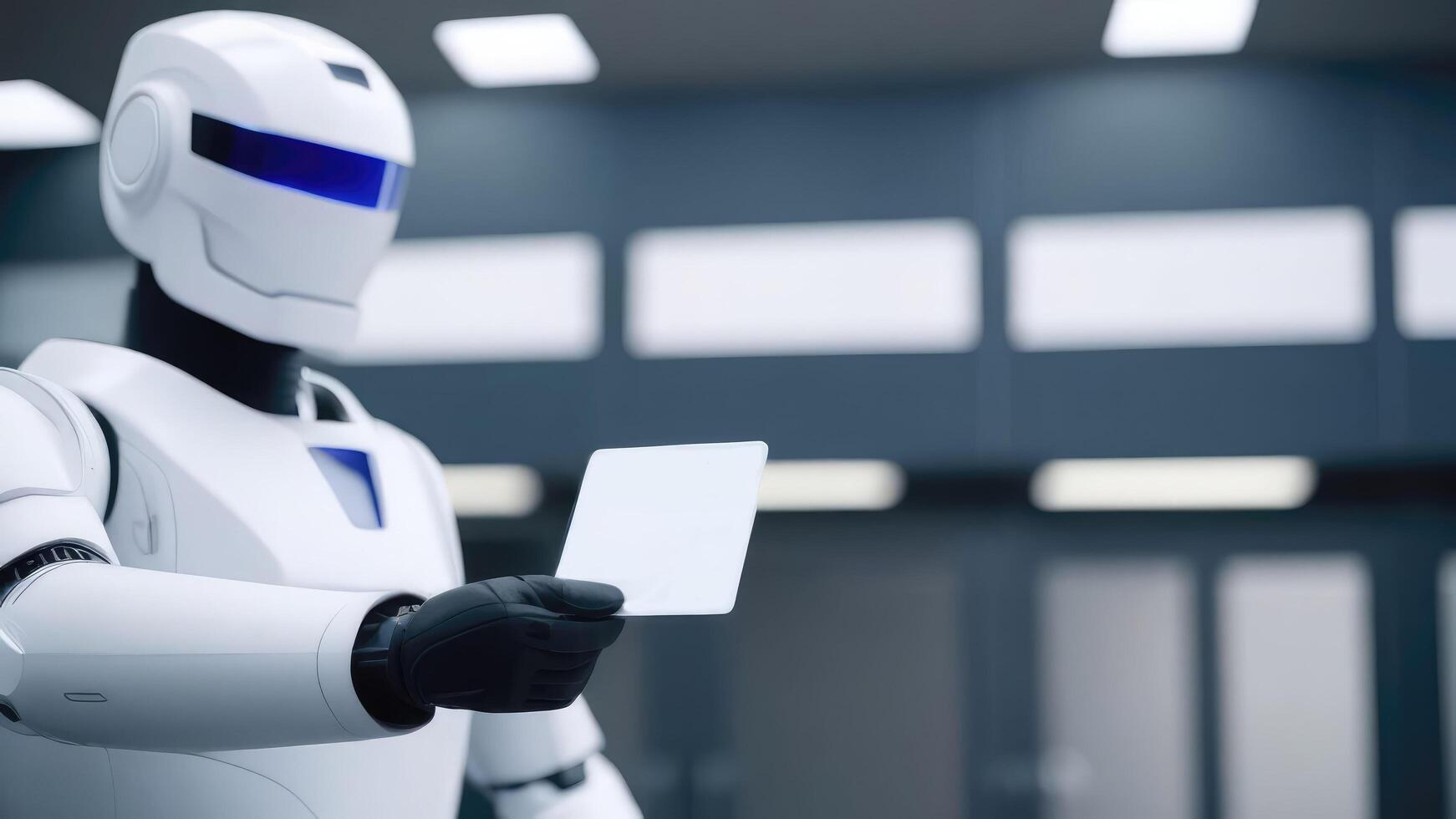 Robot doctor in hospital room with card in hands on hospital room background. The concept of future technologies. photo