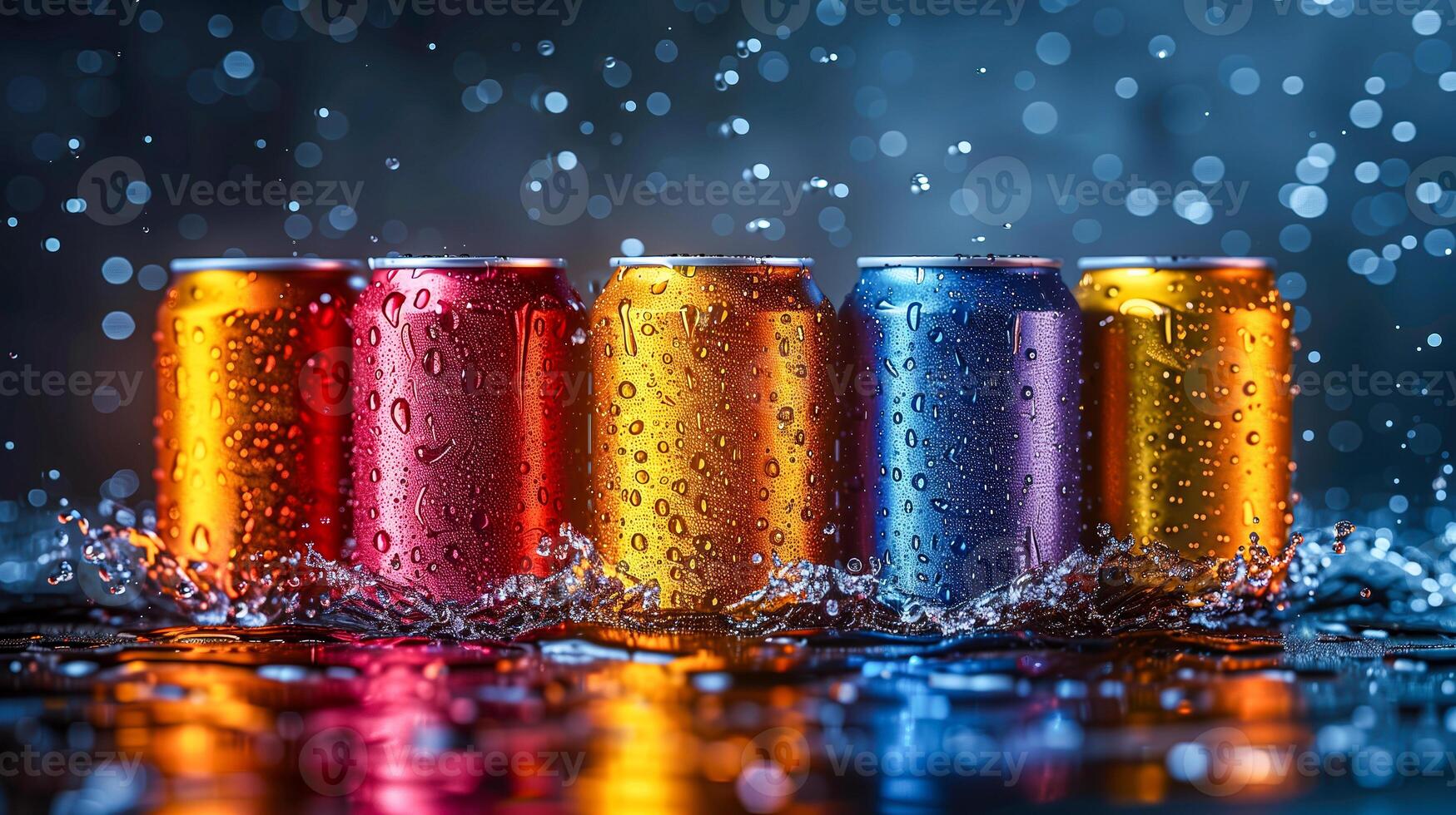 Soda cans glisten with droplets of liquid, their vibrant colors capturing the light in a dazzling display. photo