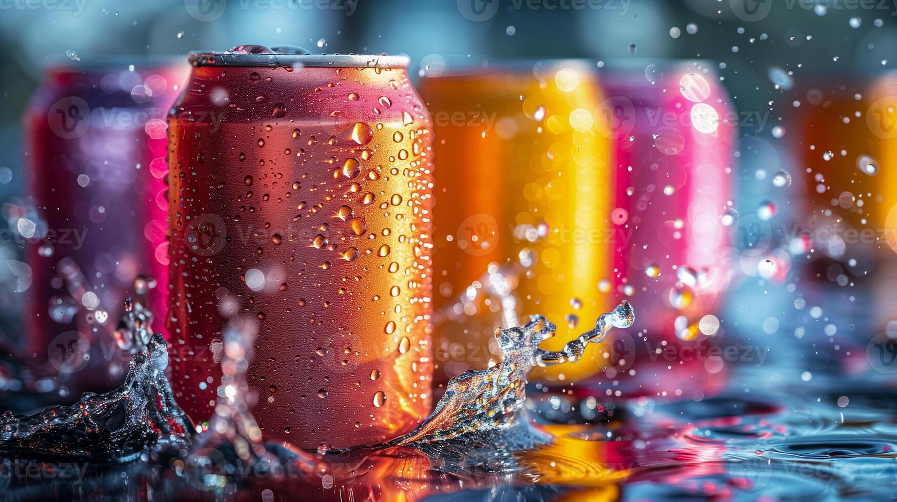 Soda cans glisten with droplets of liquid, their vibrant colors capturing the light in a dazzling display. photo