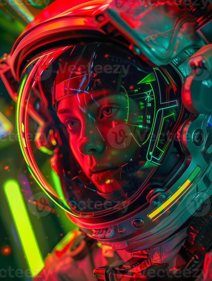 Girl in a spacesuit in space photo