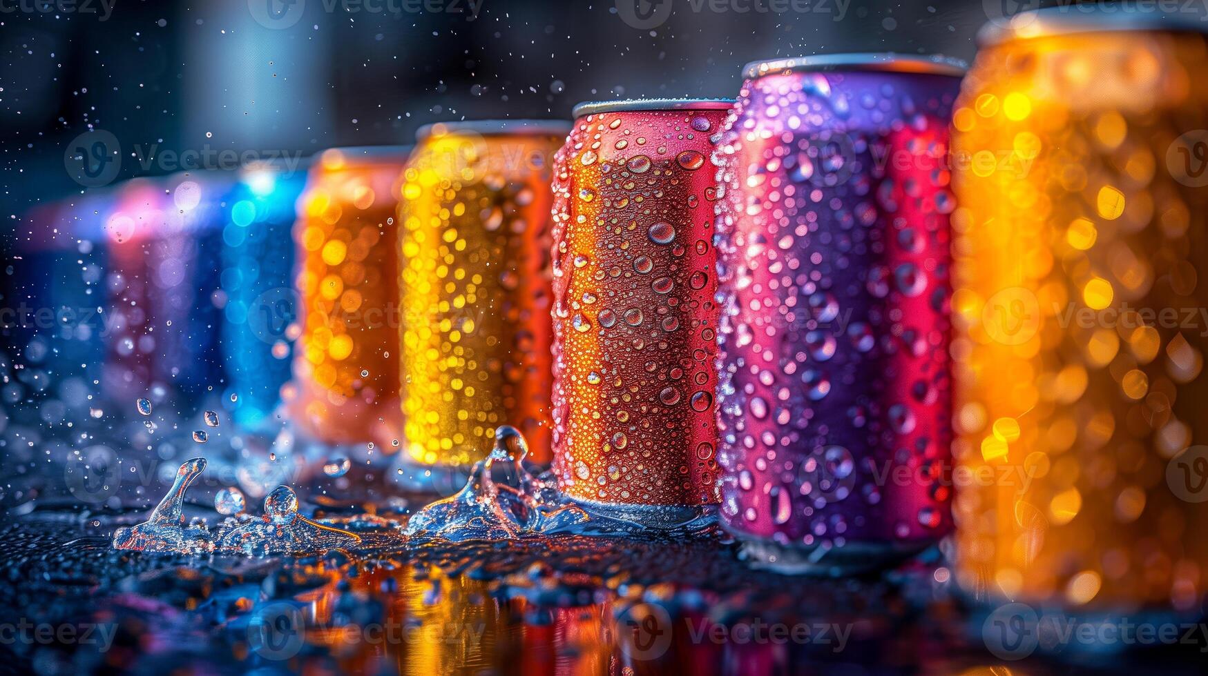 Soda cans glisten with droplets of liquid, their vibrant colors capturing the light in a dazzling display. photo