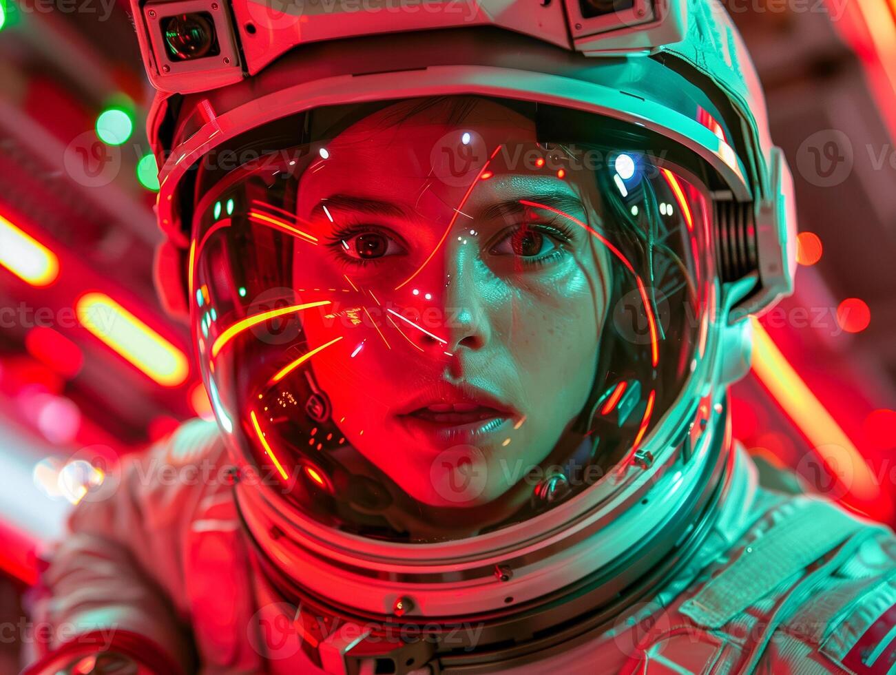 Girl in a spacesuit in space photo