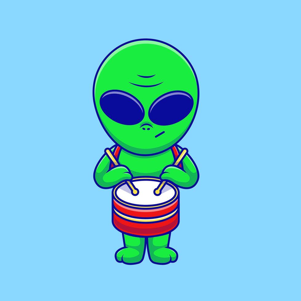 Cute Alien Playing A Marching Band Cartoon Icon Illustration. Science Technology. Flat Cartoon Concept. vector