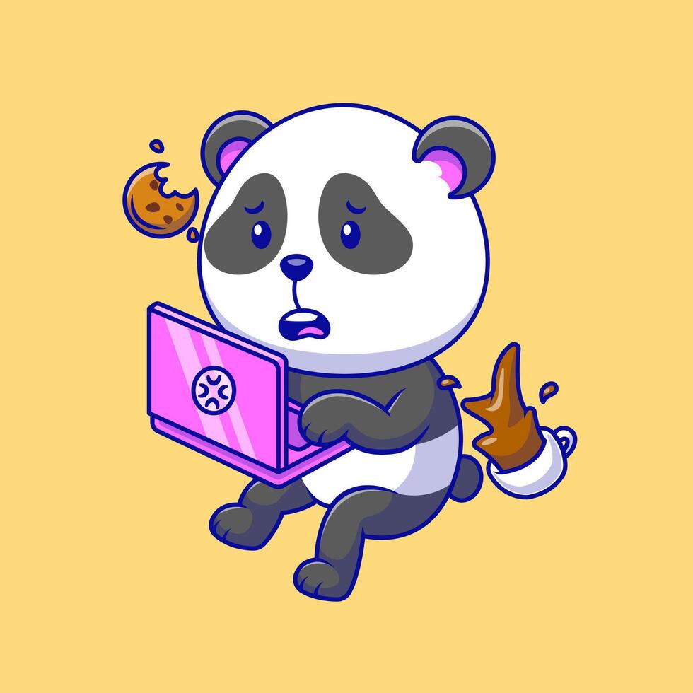 Cute Panda Floating While Playing Laptop Cartoon Icon Illustration. Animal Technology Activities. Flat Cartoon Concept. vector