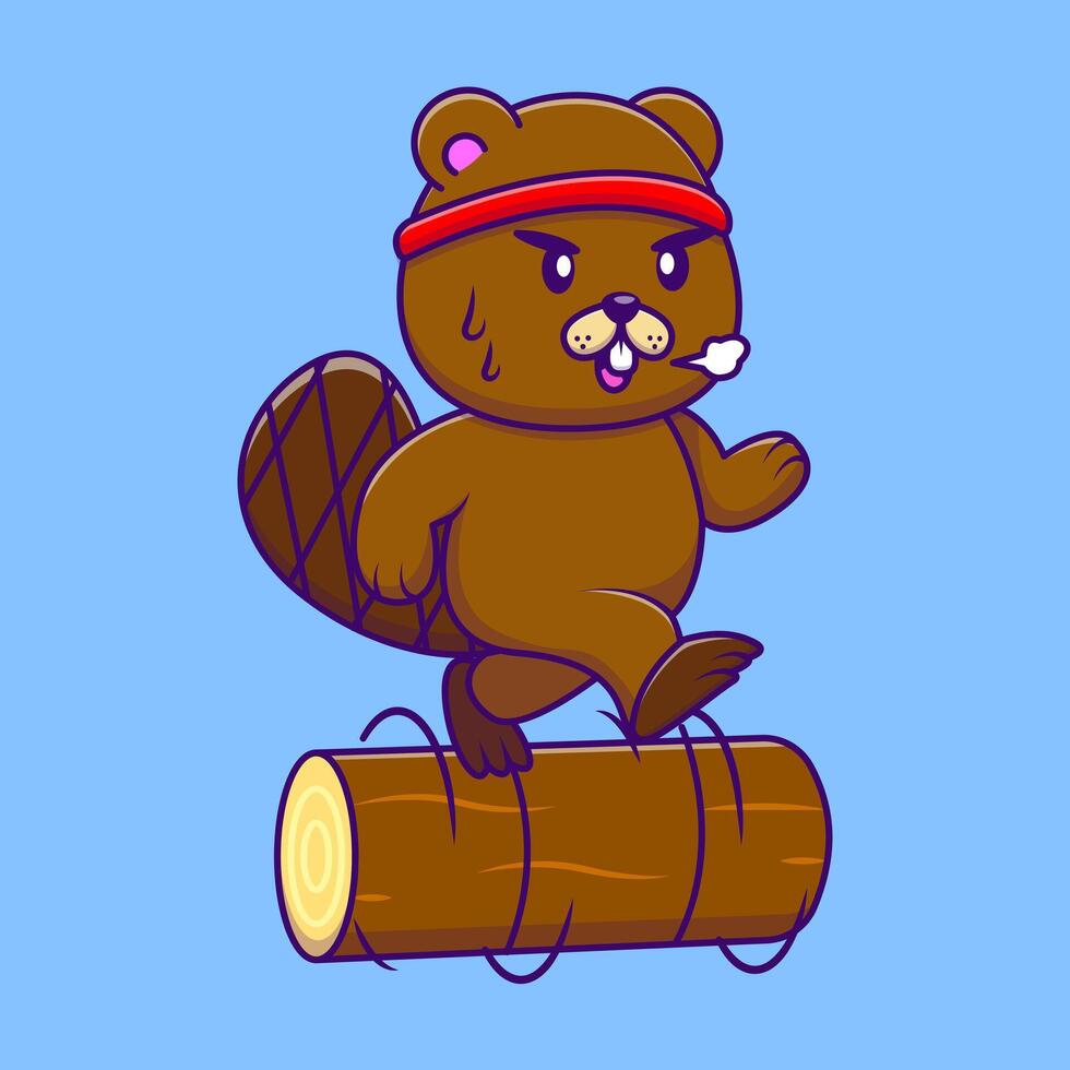 Cute Beaver Jogging On A Rolling Log Cartoon Character Illustration. Flat Cartoon Concept. vector