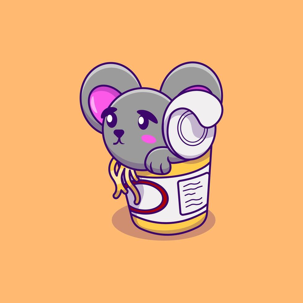Cute Mouse In Noodle Cup Cartoon Icon Illustration. Animal Food. Flat Cartoon Concept. Suitable for any creative project. vector