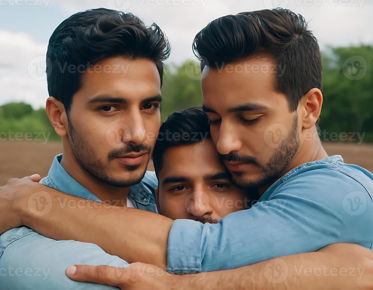 a family portrait of young boys, moustache, hugging each other, looking smile and relax photo