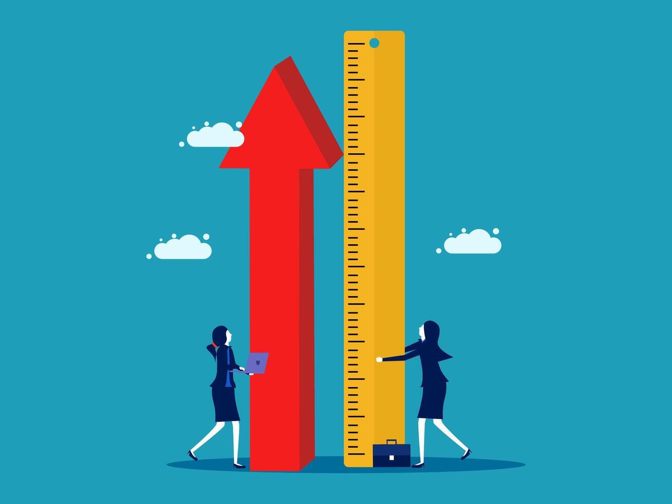 business people standing next to a giant red arrow vector