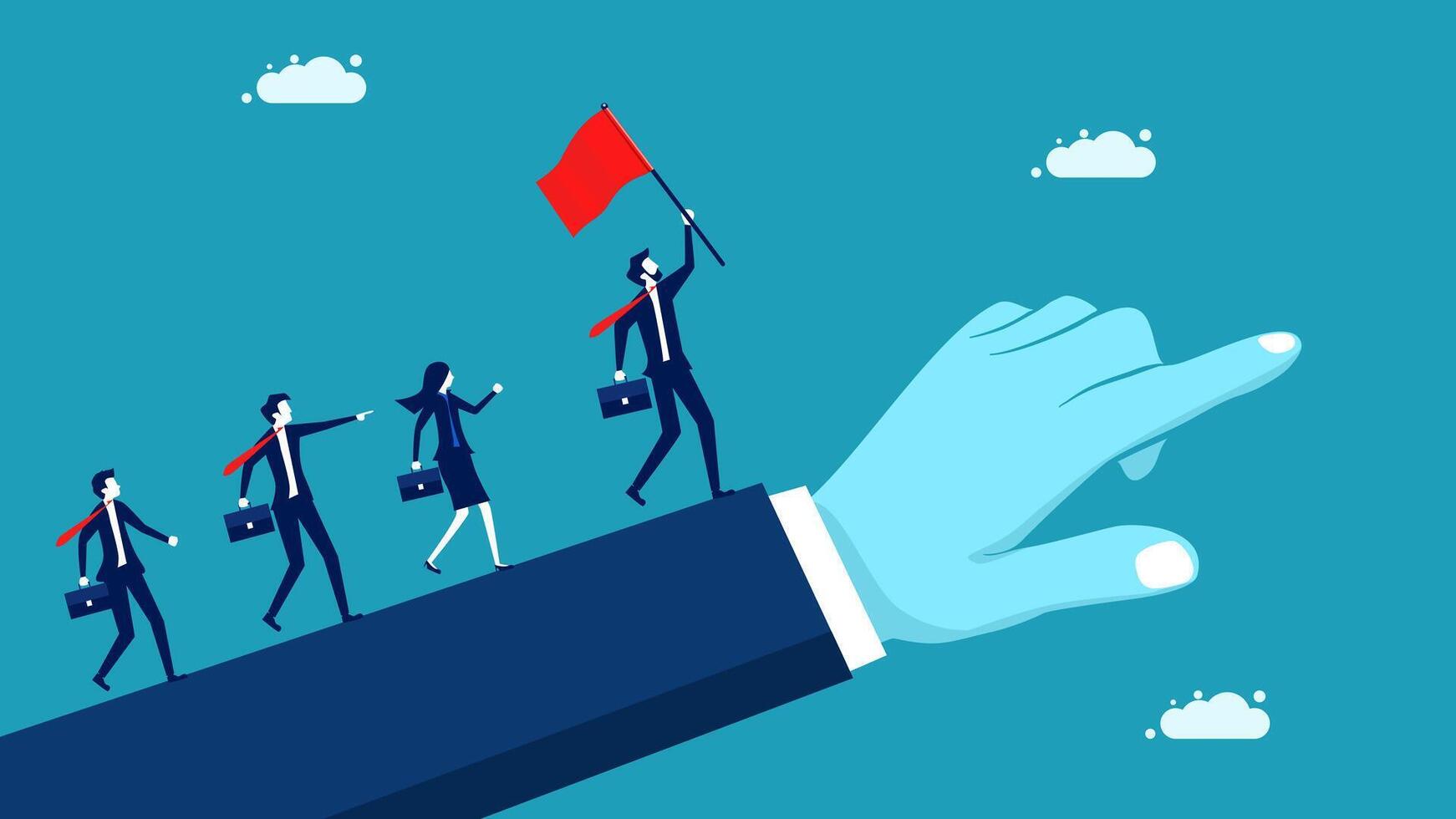 business people climbing up a ladder with a red flag vector