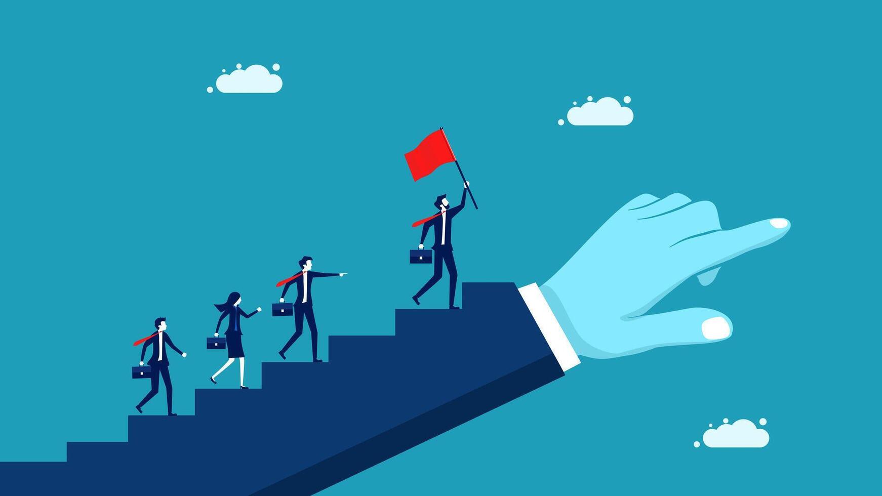 business people climbing up stairs with red flags vector