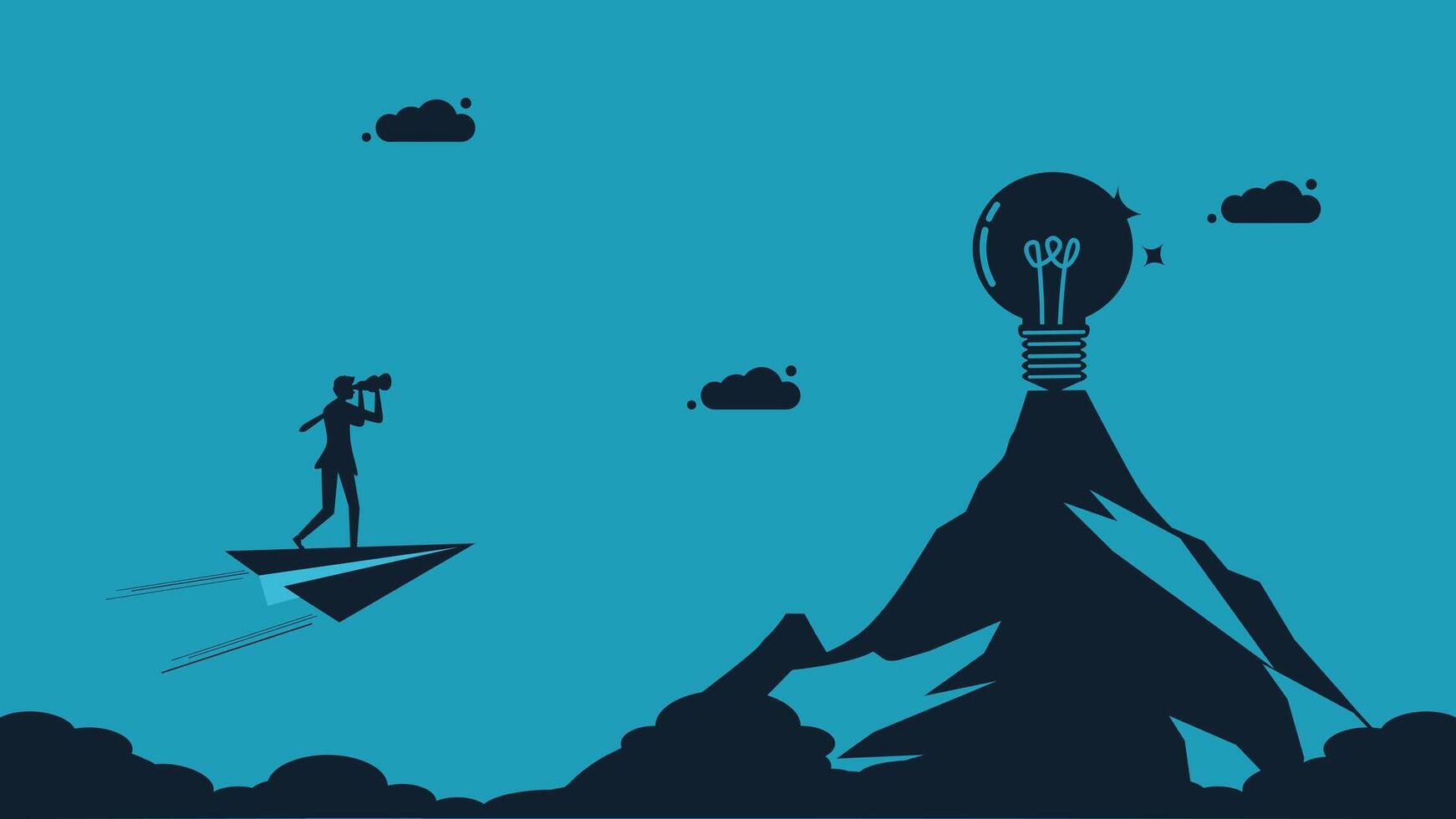 businessman on a paper plane flying over mountain with light bulb vector