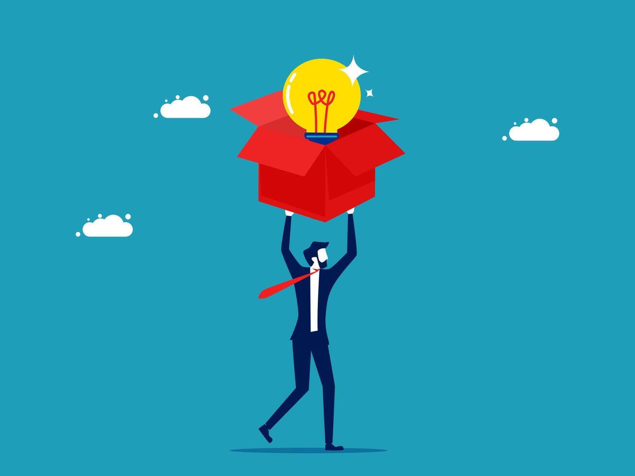 businessman holding up a red box with an idea light bulb vector