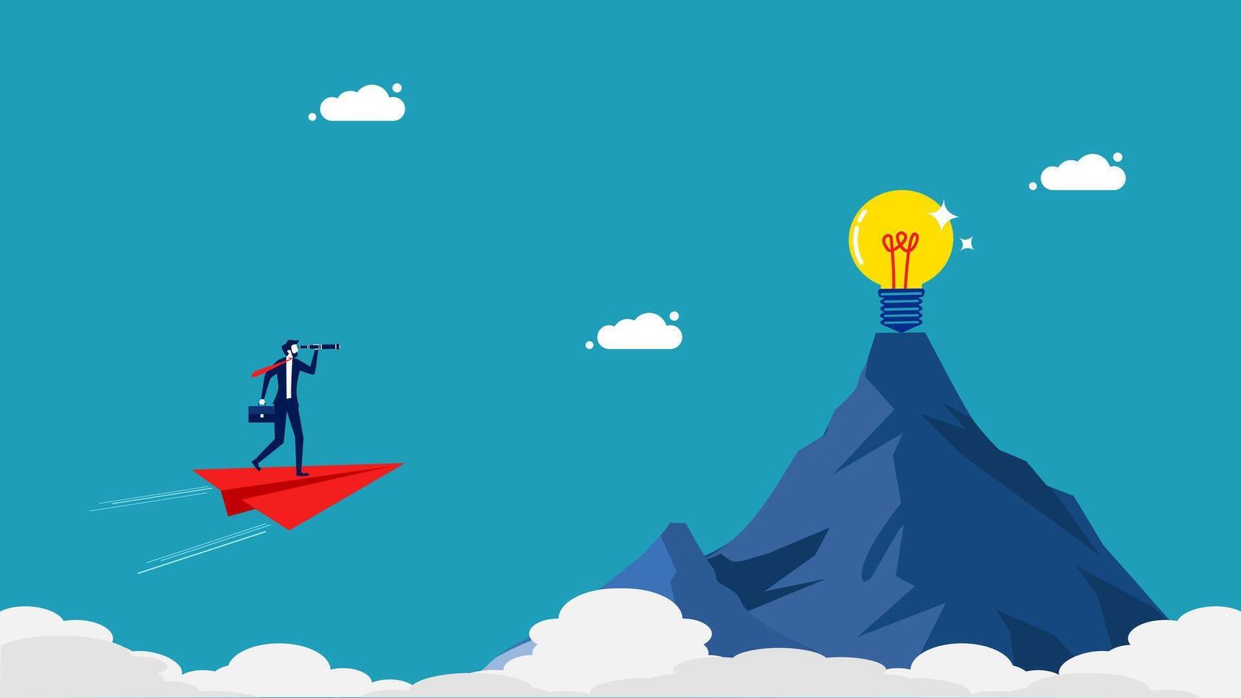 businessman on paper plane flying over mountain with light bulb vector