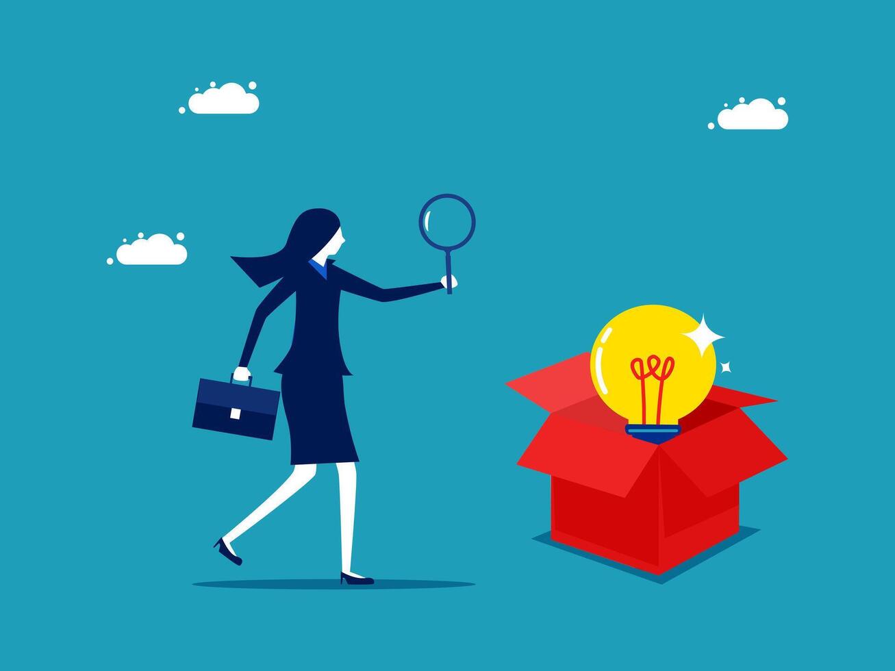 businesswoman holding a magnifying glass and looking at a box with an idea vector