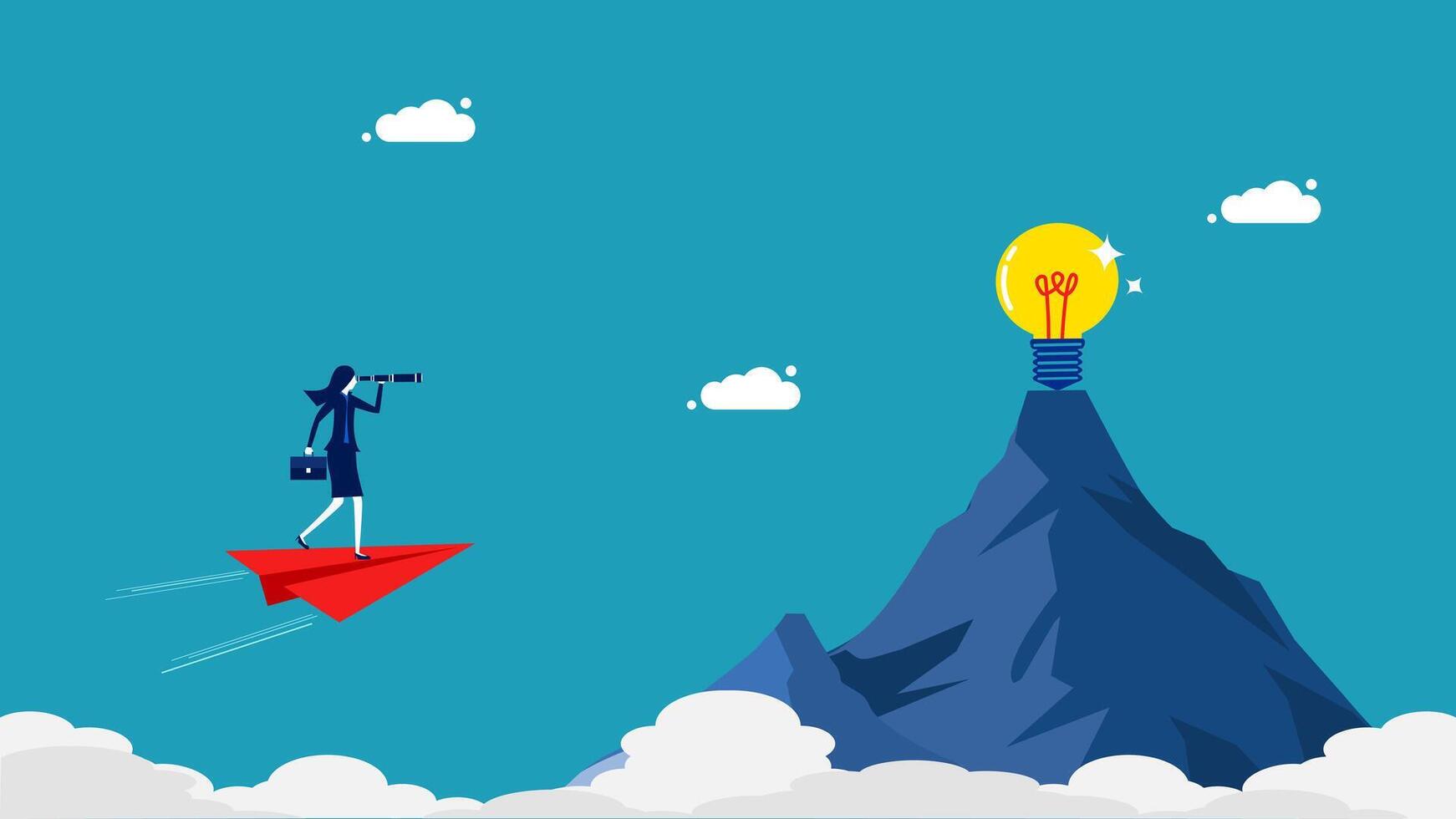 businessman on paper plane flying over mountain with light bulb vector