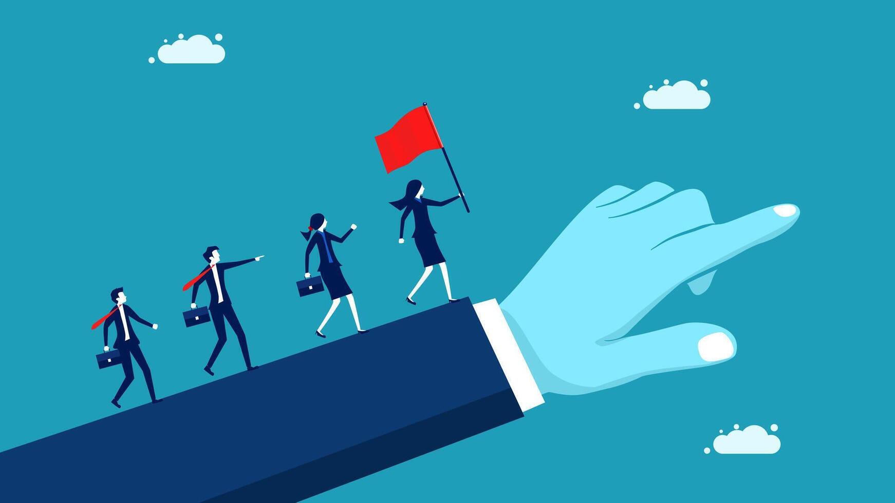 business people walking on a hand pointing to a red flag vector