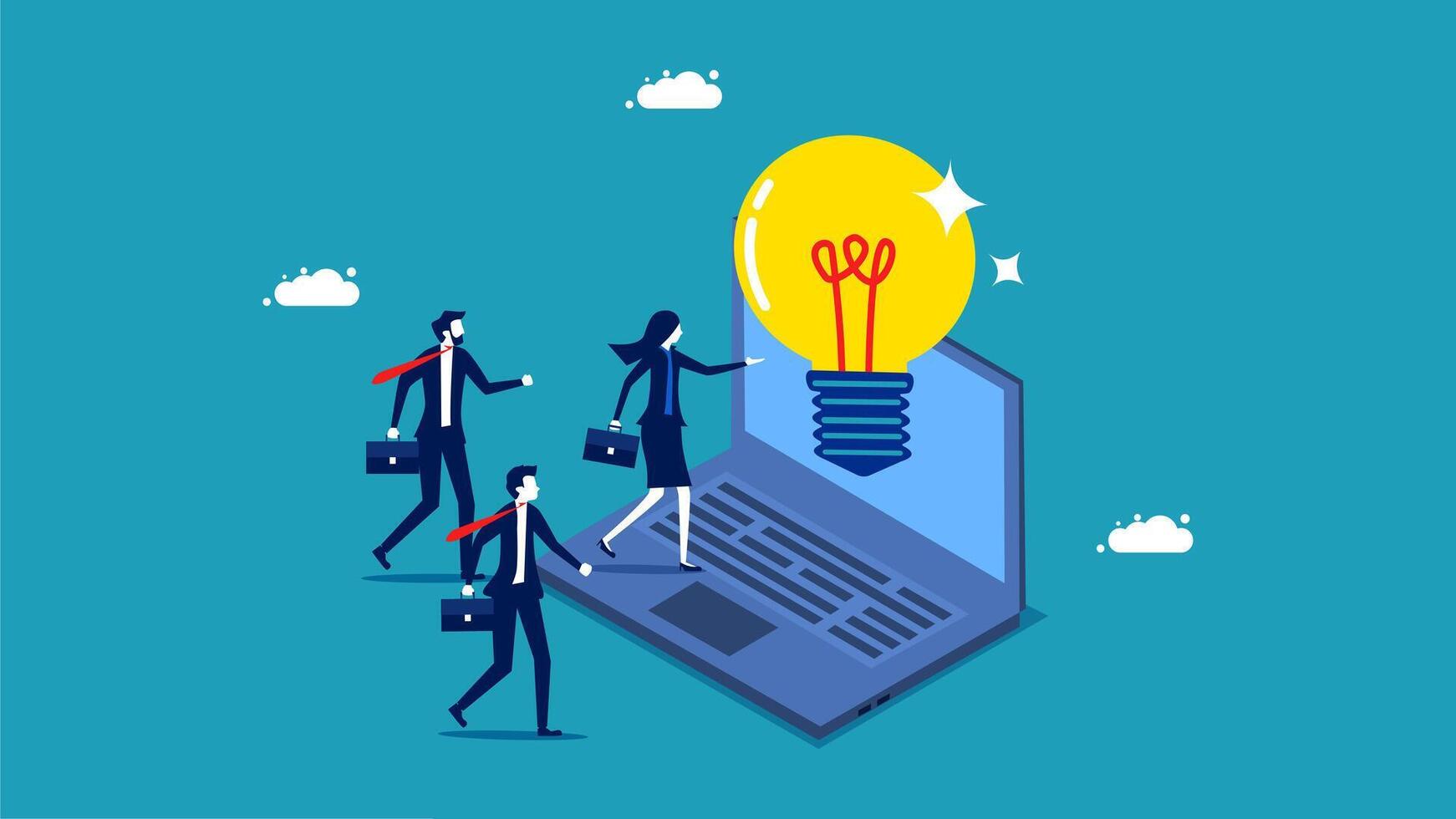 business people walking towards a laptop with an idea bulb vector