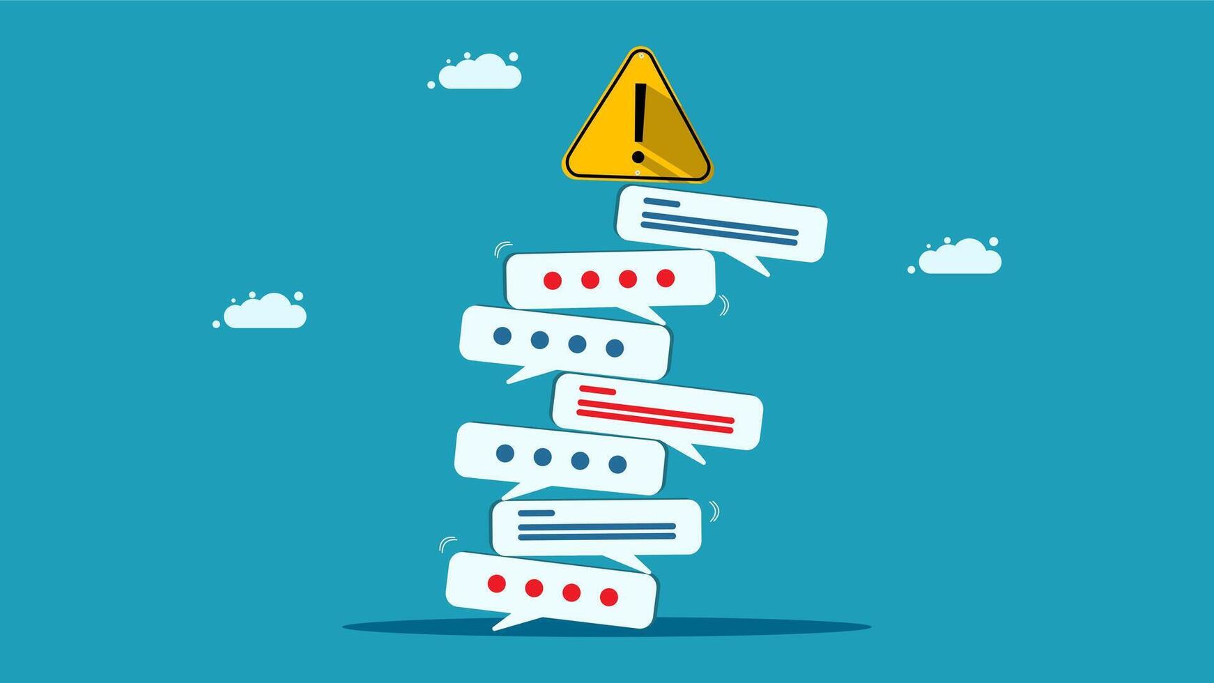 a stack of speech bubbles with a caution sign on top vector