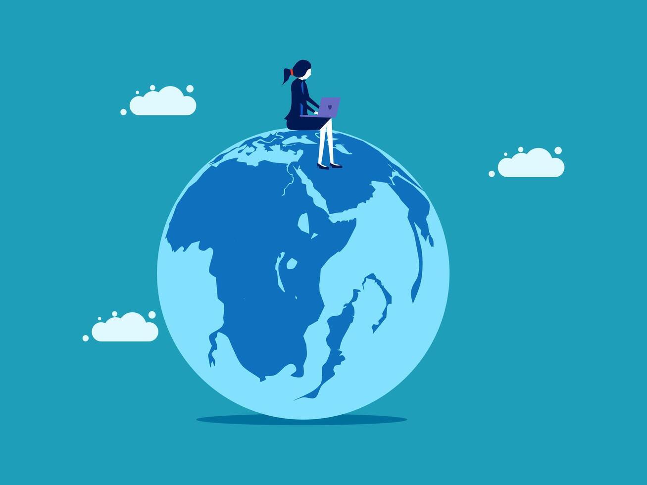 businesswoman sitting on top of the globe with laptop vector