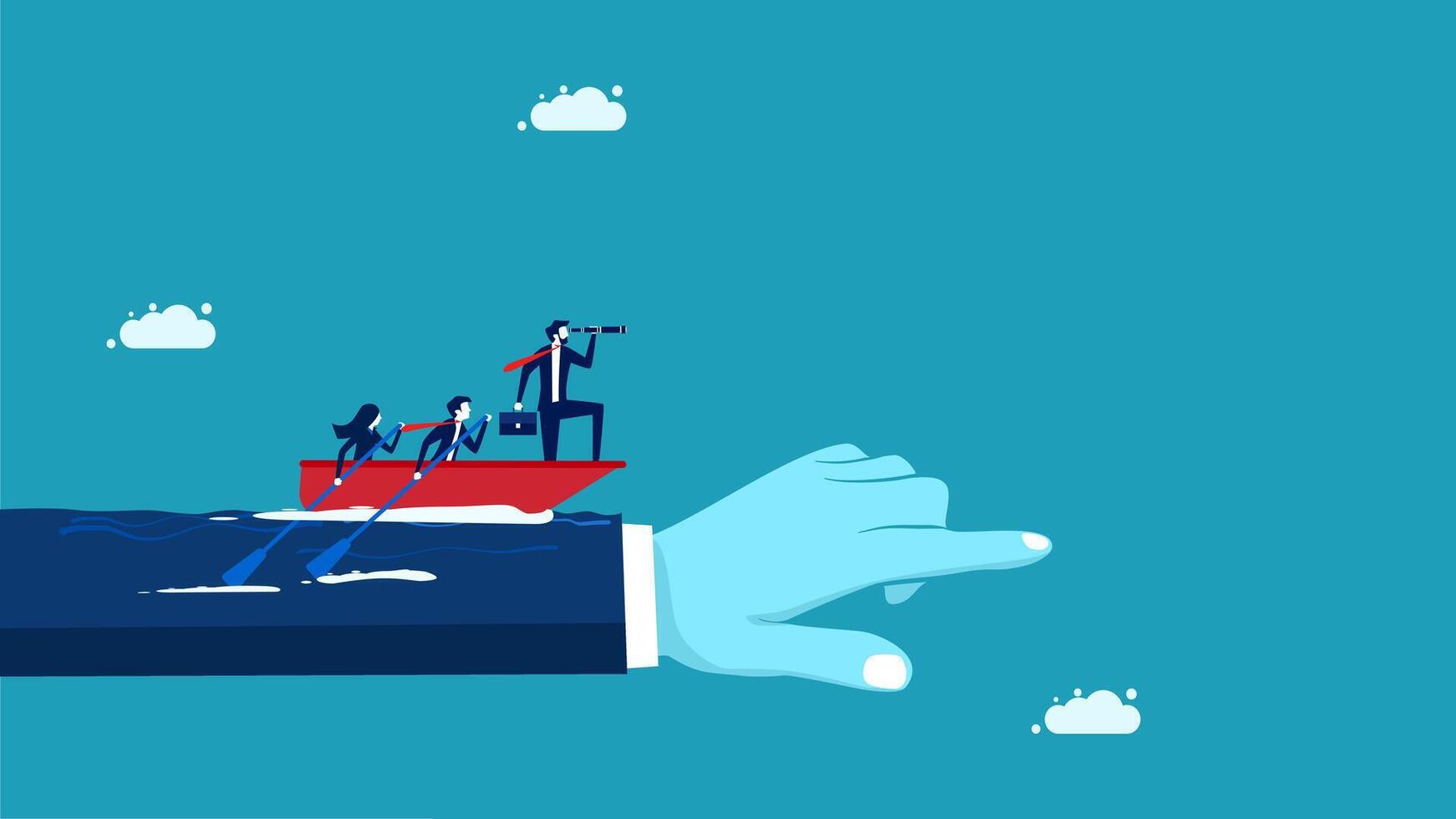 a hand pointing to a boat with people on it vector