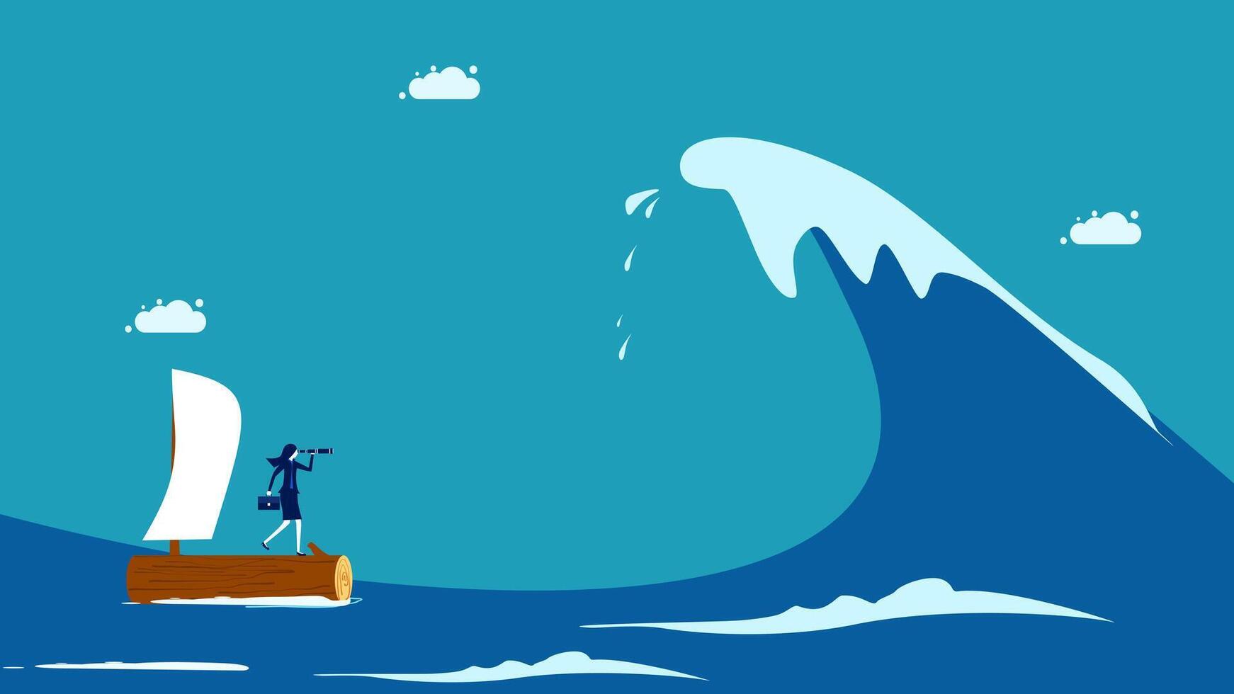 a man is standing on a boat in front of a large wave vector
