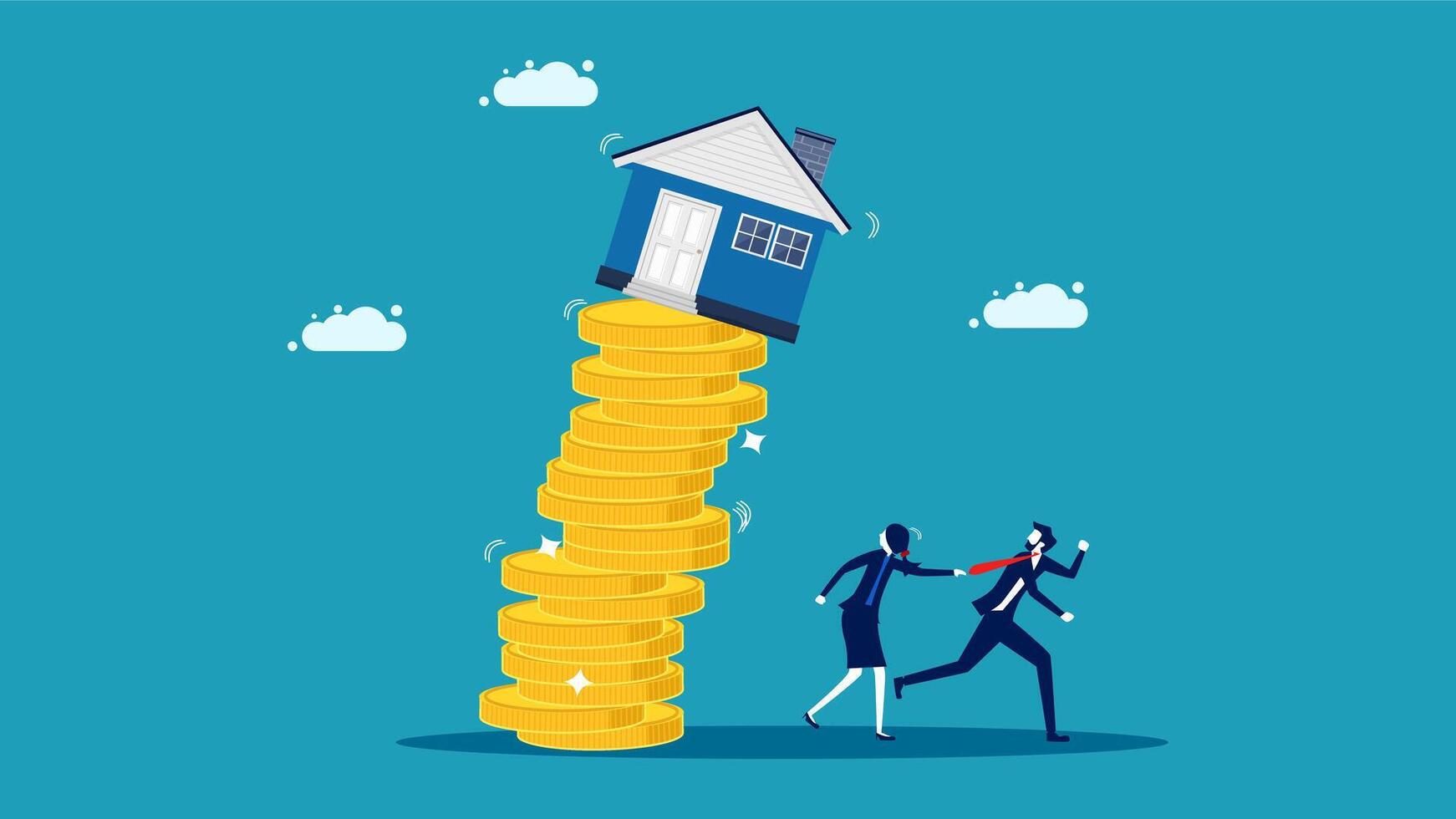 two people are pushing a house up a stack of coins vector