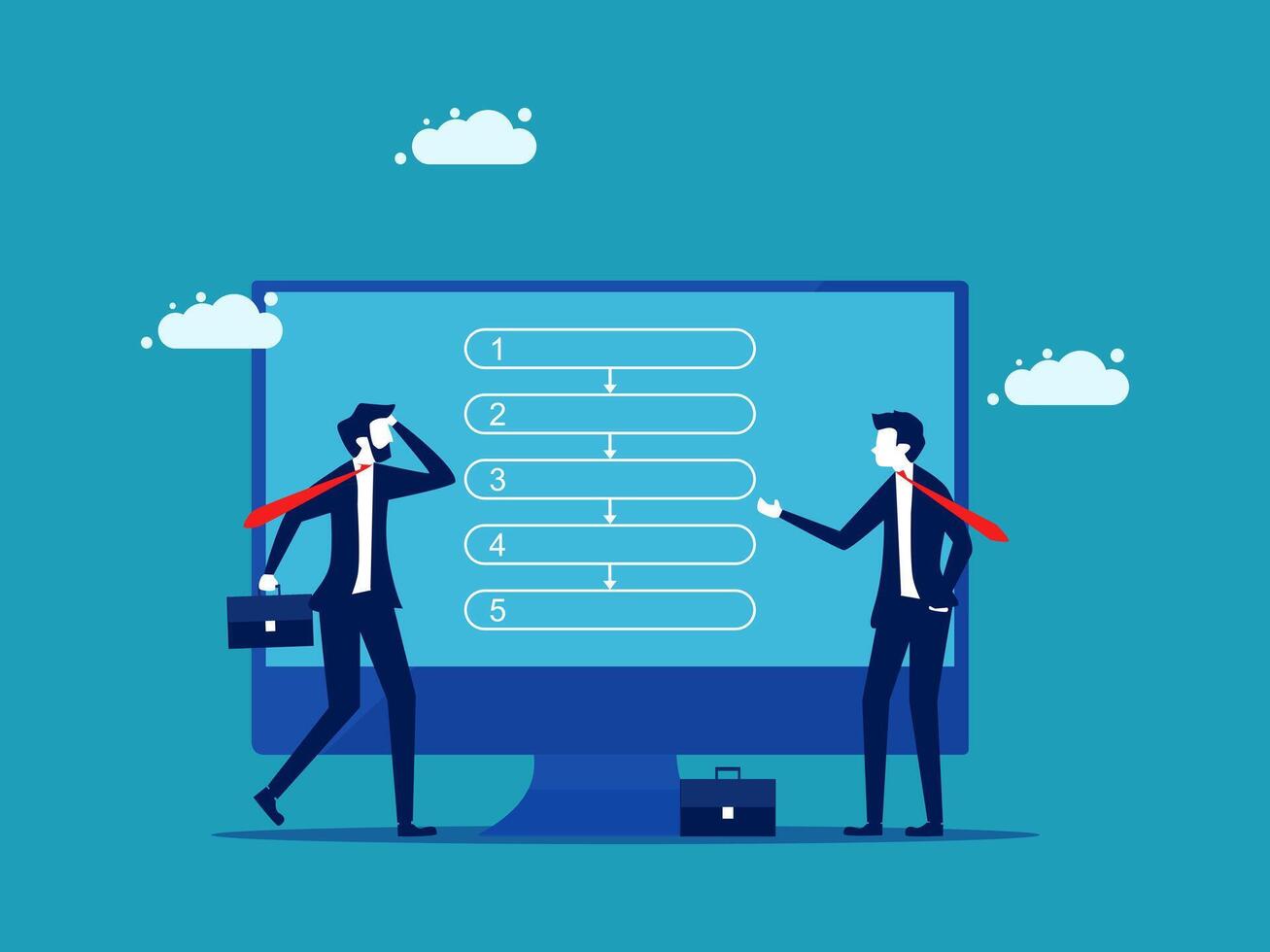 businessman and woman in front of a computer screen with a list of tasks vector