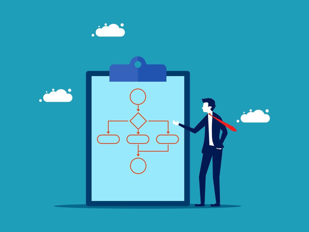 businessman with clipboard and business process diagram on blue background vector
