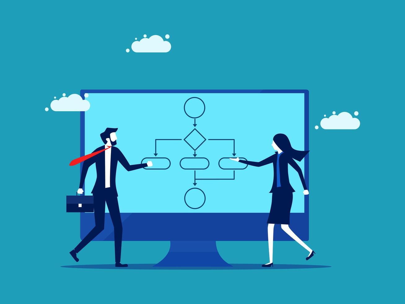 business people working on a computer screen with a diagram vector