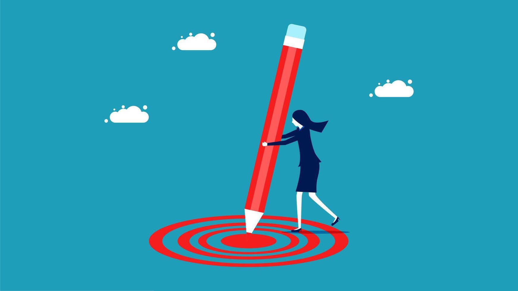 a woman is holding a large red pencil in front of a target vector