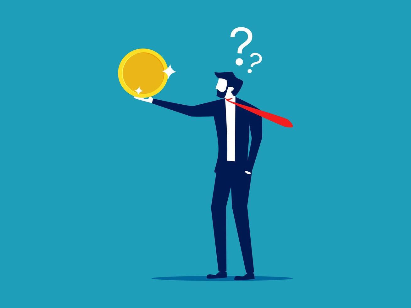 businessman holding a coin with question marks vector